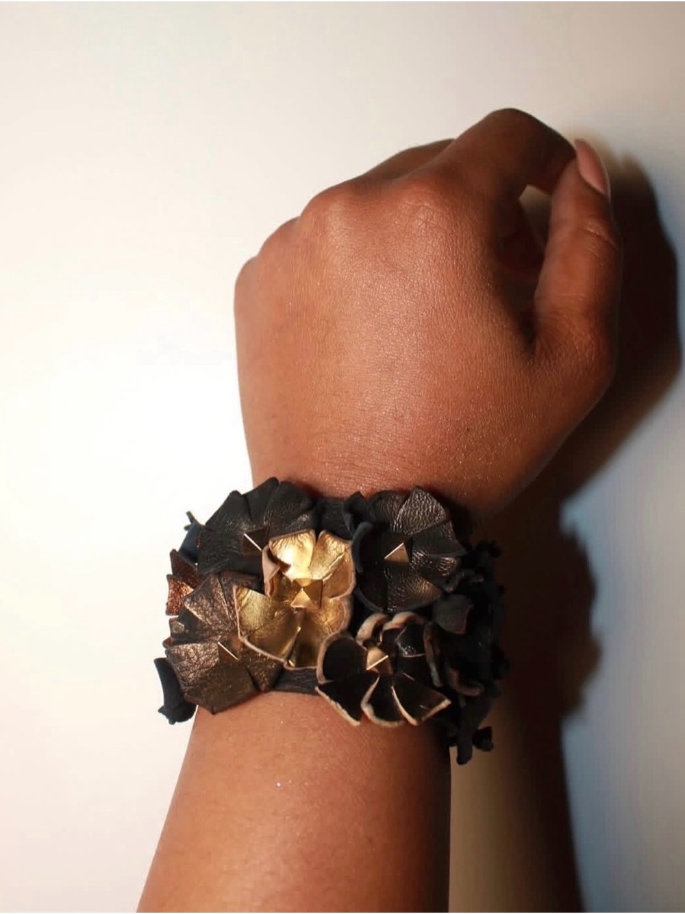 Handcrafted Black and Gold Floral Leather Bracelet